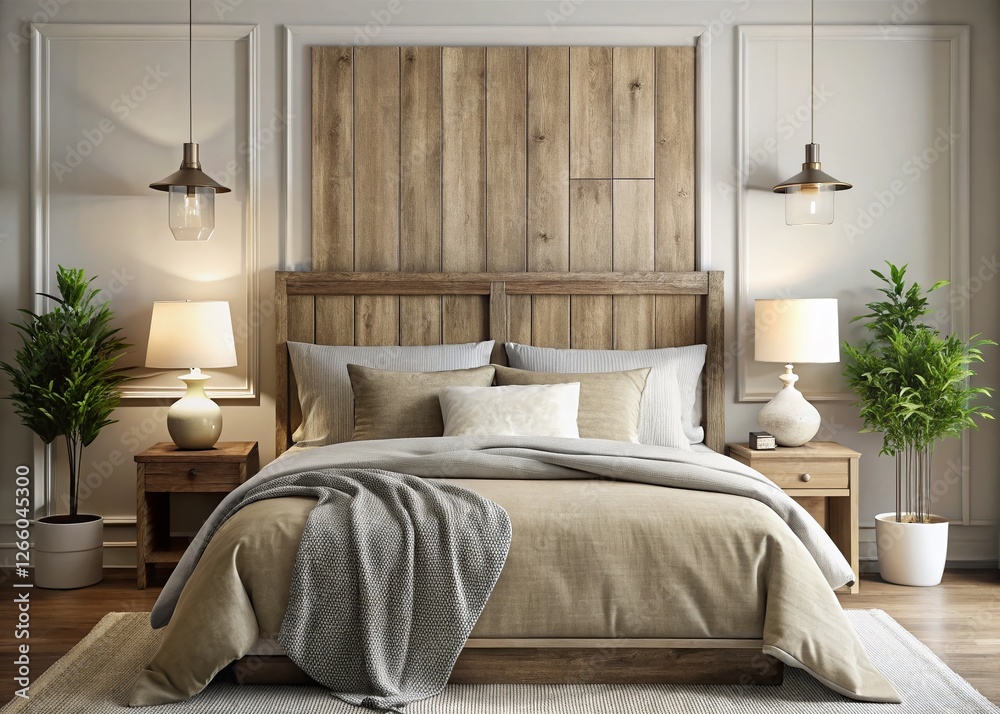 Fototapeta premium Relaxing Bedroom Interior: Aged Wooden Headboard & Soft Bedding