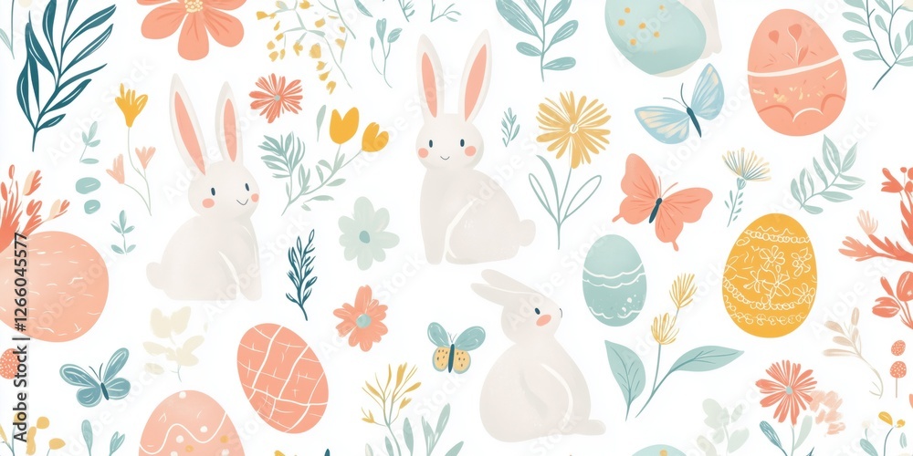 pattern with adorable bunnies, decorated eggs, and delicate spring florals, perfect for adding a touch of playful charm to your Easter designs. pattern with adorable bunnies, decorated eggs, and delicate spring florals, perfect for adding a touch of playful charm to your Easter designs.