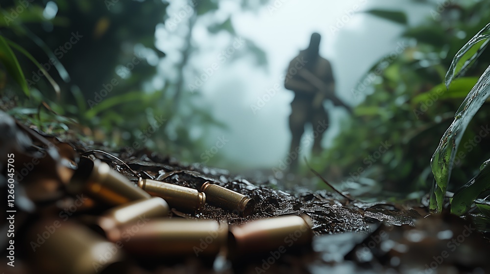 Discarded bullet shells littering muddy jungle pathway, blurred soldier walking away with rifle, depicting raw conflict's lingering tension Discarded bullet shells littering muddy jungle pathway, blurred soldier walking away with rifle, depicting raw conflict's lingering tension