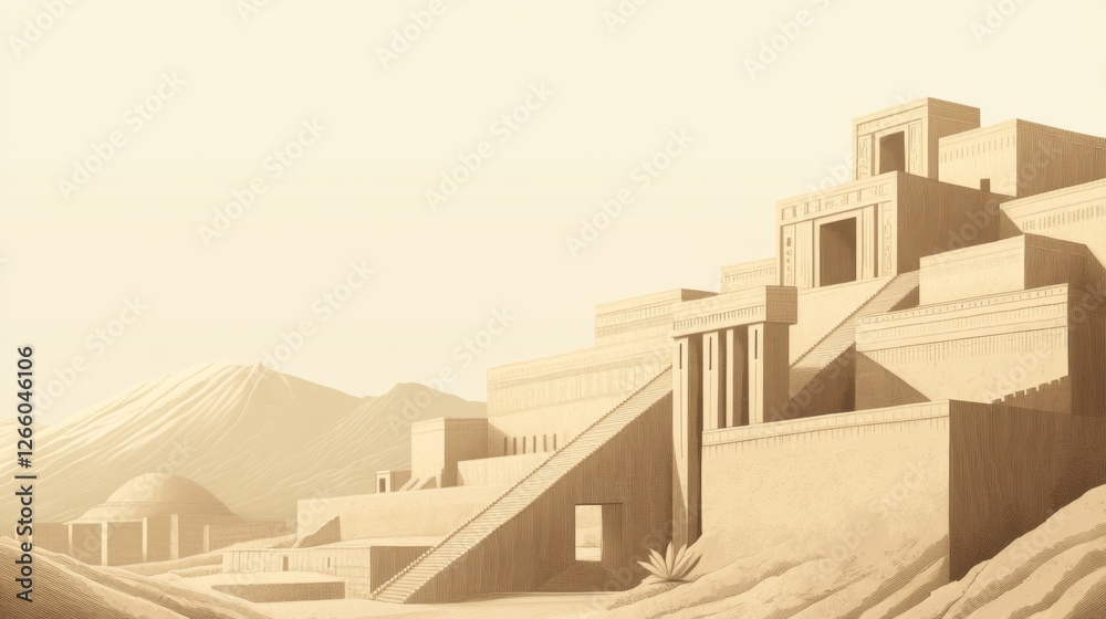 Naklejka premium Ancient Desert Cityscape, sunlit, architectural background, artistic, stock photo