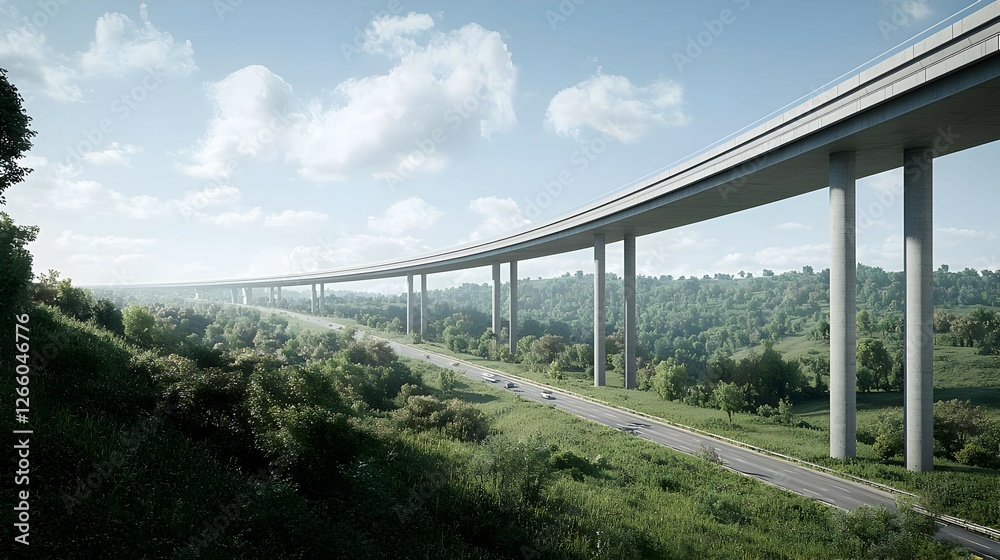 Fototapeta premium Elevated Highway Over Lush Green Landscape Under Sunny Sky