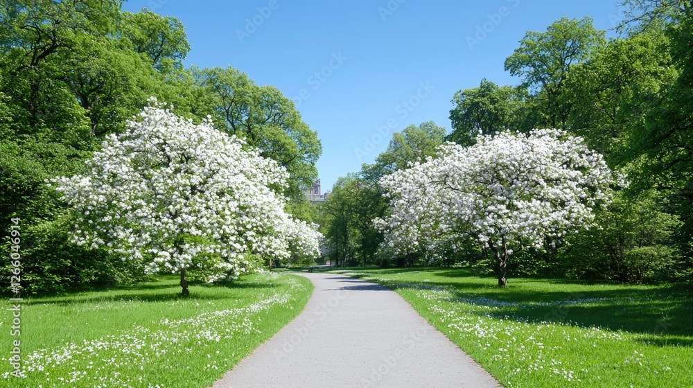 Fototapeta premium Spring park path, blossoming trees, sunny day, castle background, nature scenery