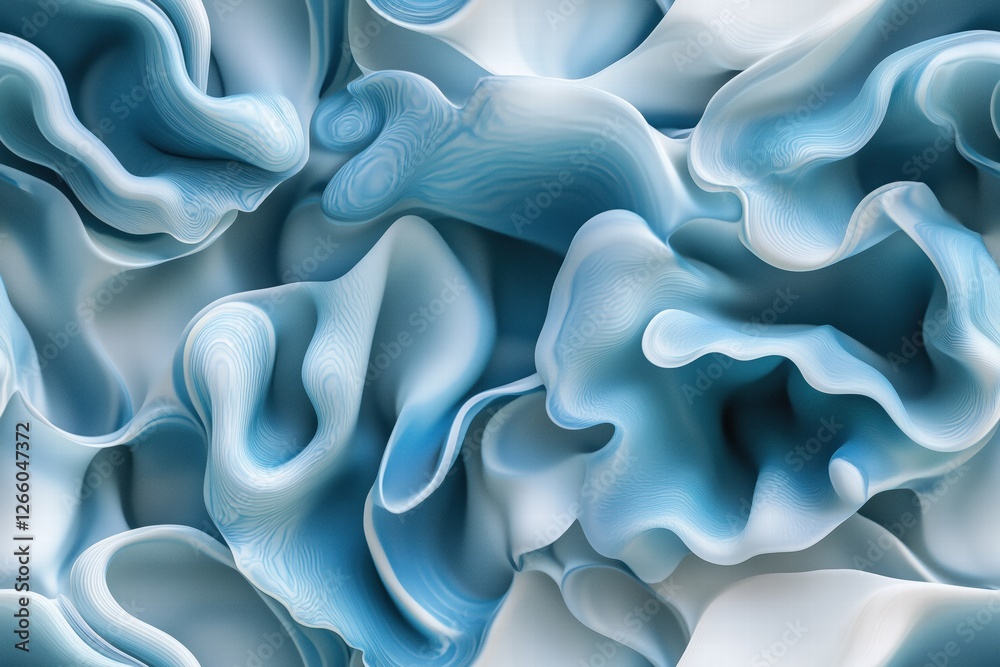 Obraz premium Seamless abstract close-up of flowing, wavy shapes in shades of blue and white, resembling soft fabric or organic forms. The texture appears smooth and fluid, creating a sense of depth and movement.