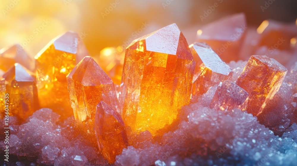 Vibrant orange crystals glowing in soft light, showcasing intricate formations and textures in a natural setting Vibrant orange crystals glowing in soft light, showcasing intricate formations and textures in a natural setting