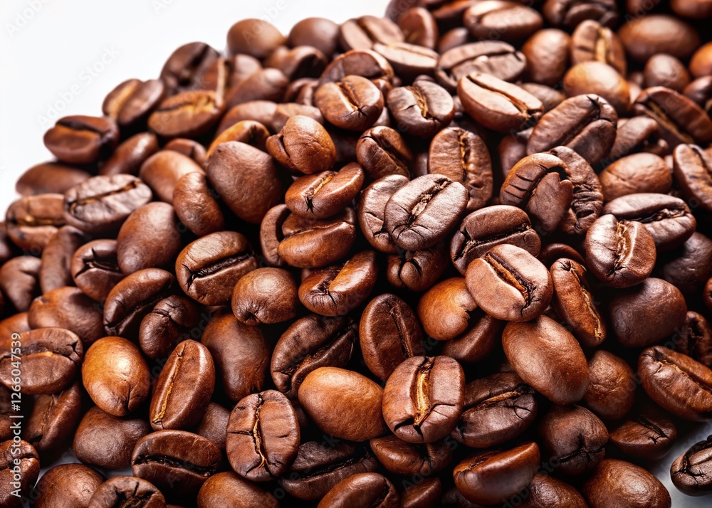 Rich Brown Coffee Beans Scattered on White Background - High-Resolution Stock Photo Rich Brown Coffee Beans Scattered on White Background - High-Resolution Stock Photo