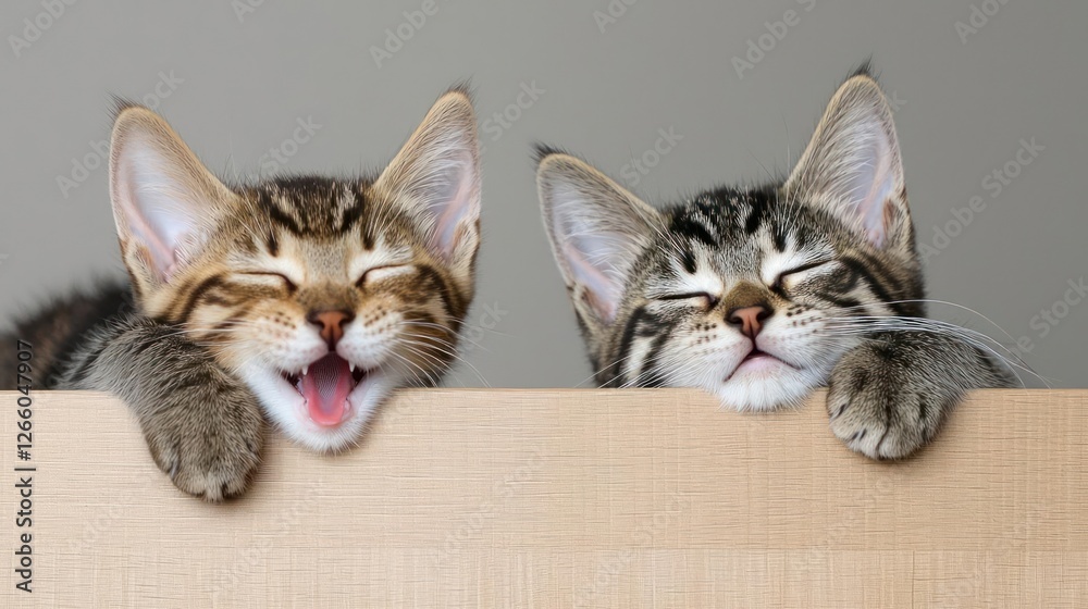 Two Playful Kittens Peeking Over Wooden Edge Two Playful Kittens Peeking Over Wooden Edge