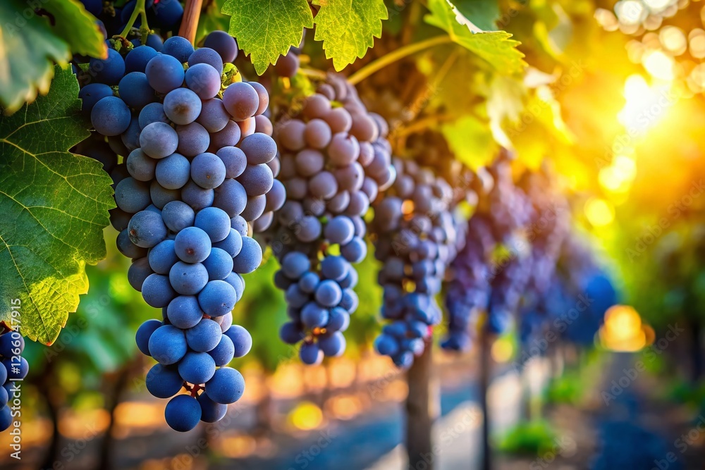 Fototapeta premium Ripe Blue Grapes Hanging on Vine in Vineyard Row - Autumn Harvest