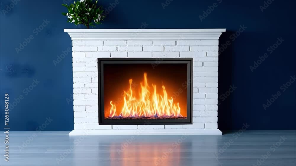 A modern fireplace with a white stone mantelpiece, showcasing a vibrant flame and a small potted plant on top. A modern fireplace with a white stone mantelpiece, showcasing a vibrant flame and a small potted plant on top.