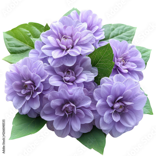 A bouquet of purple flowers with green leaves isolated on transparent background.PNG photo