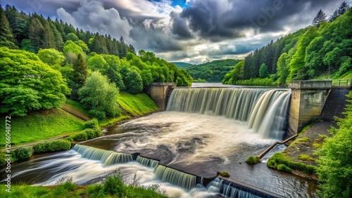 Robertville Dam's Powerful Water Stream, Waimes, Belgium - Cloudy Day photo