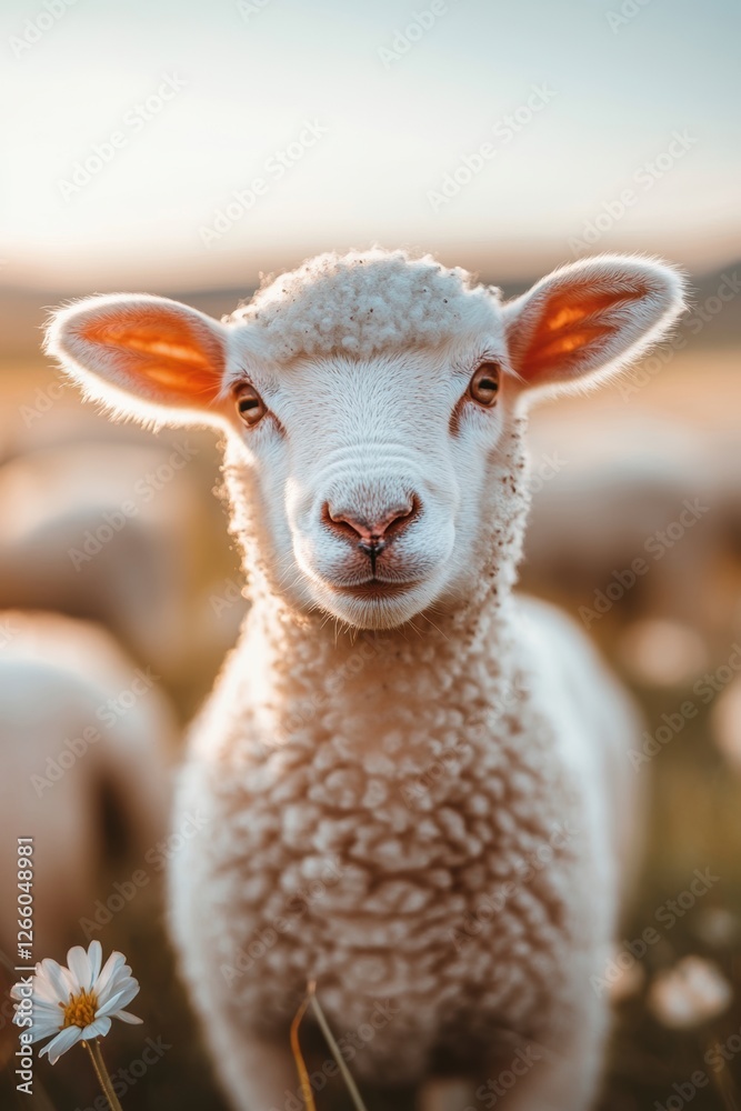 Obraz premium Sheep in flower grass field in Spring.