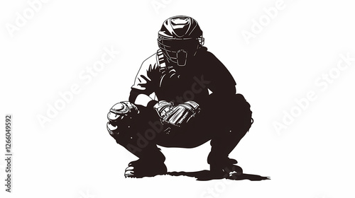 Silhouette of a baseball catcher in a crouched position on a white isolated background. Owl-Like Watchers. Illustration