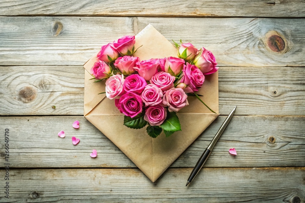 Fototapeta premium Romantic Pink Roses Frame with Open Envelope, Pen & Letter on Rustic White Wood - Low Light Photography