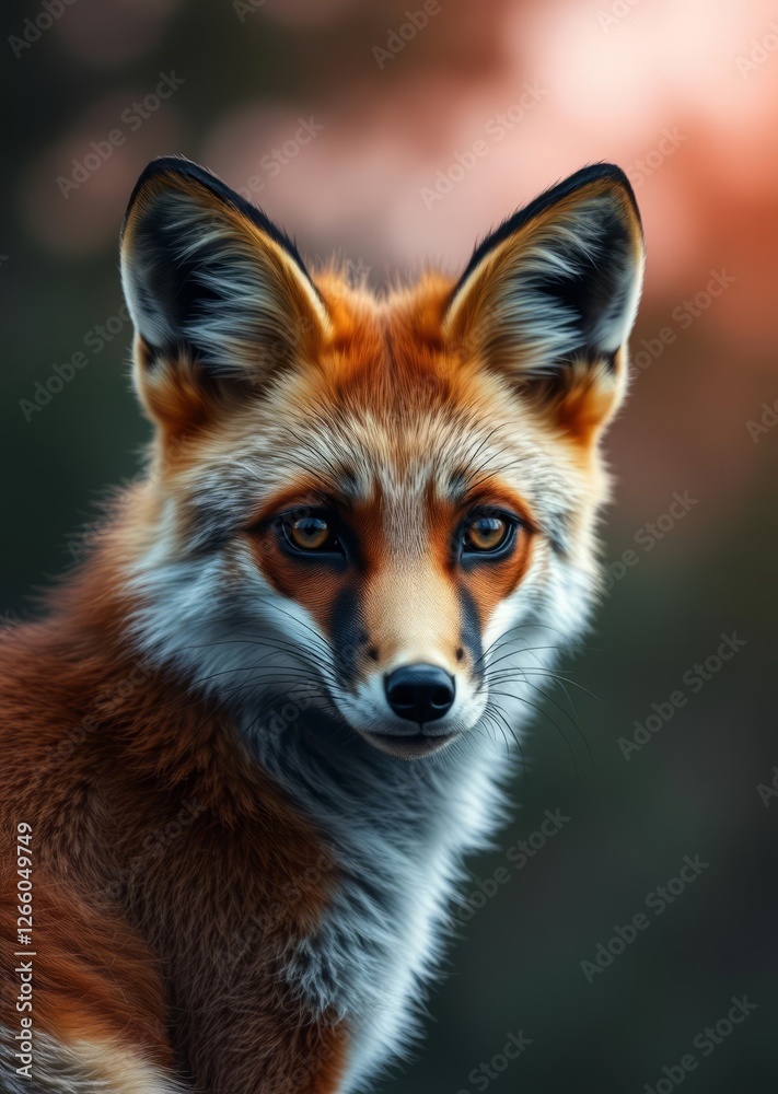 Red fox - vulpes vulpes close-up portrait with bokeh of pine trees in the background making eye contact bokeh red bokeh abstract background glow design light texture effect sparkle Red fox - vulpes vulpes close-up portrait with bokeh of pine trees in the background making eye contact bokeh red bokeh abstract background glow design light texture effect sparkle
