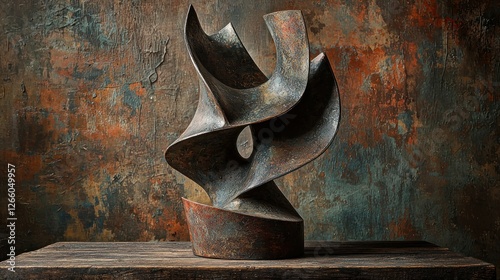 Abstract rusty metal sculpture on table against textured wall in studio, for art