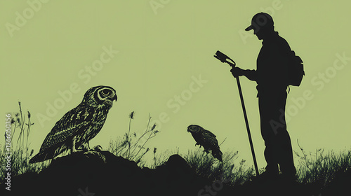 Snake gripper, professional snake tongs, snake and reptile catcher for wildlife control for neurotoxic snake, snake grabber realistic silhouette. Owl-Like Watchers. Illustration photo