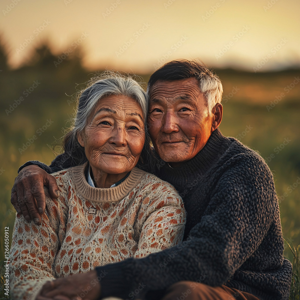 Middle-Aged Asian Couple Smiling and Embracing Outdoors in a Warm Natural Setting During Sunset, Capturing Love, Happiness, and Togetherness Middle-Aged Asian Couple Smiling and Embracing Outdoors in a Warm Natural Setting During Sunset, Capturing Love, Happiness, and Togetherness