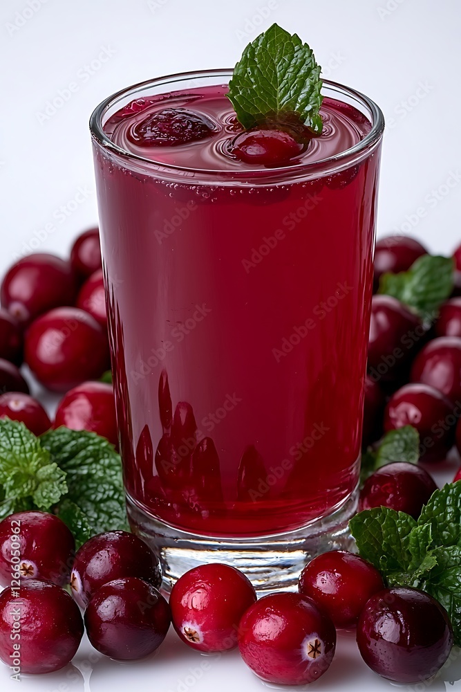 Zesty cranberry juice served in a frosted glass surrounded by fresh cranberries and mint leaves on a white background Zesty cranberry juice served in a frosted glass surrounded by fresh cranberries and mint leaves on a white background