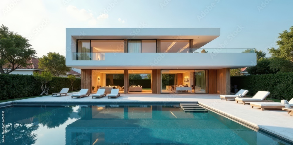 Fototapeta premium Modern villa, minimalist design, sleek lines, pool, steel, contemporary, property