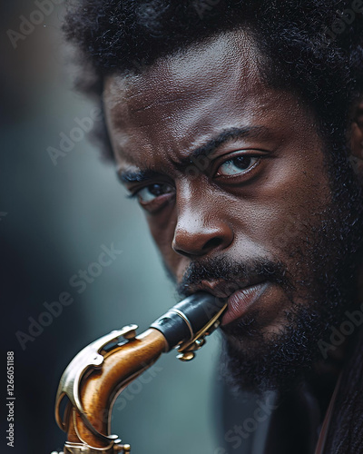 Intense saxophonist playing with passion  
