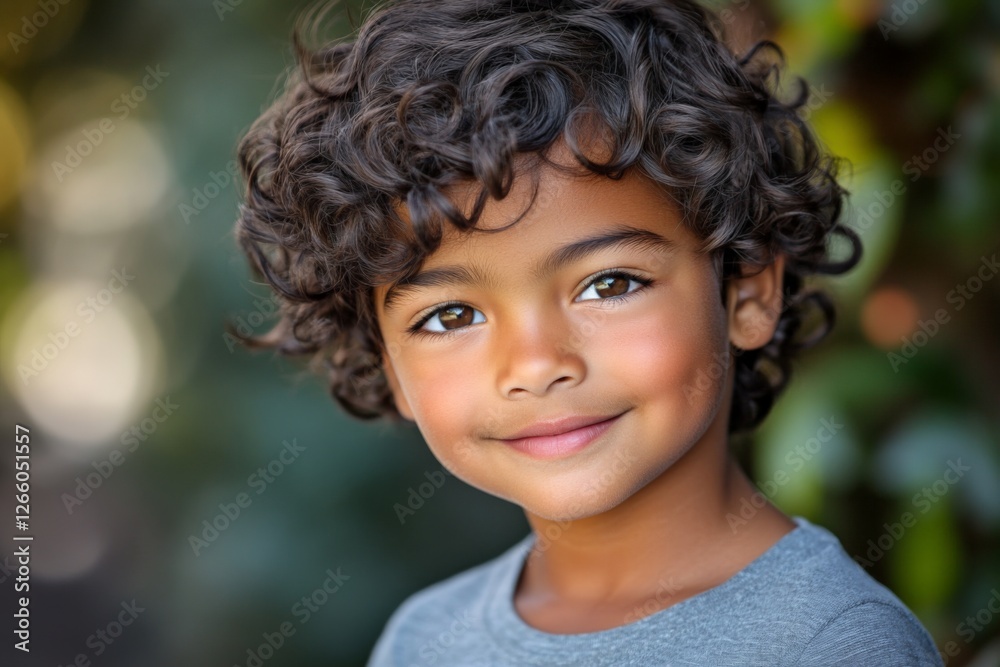 Young boy with curly hair smiling against a blurred green background in a natural outdoor setting Young boy with curly hair smiling against a blurred green background in a natural outdoor setting