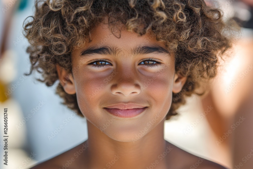 Young boy with curly hair smiles joyfully in a sunny outdoor setting during summer Young boy with curly hair smiles joyfully in a sunny outdoor setting during summer
