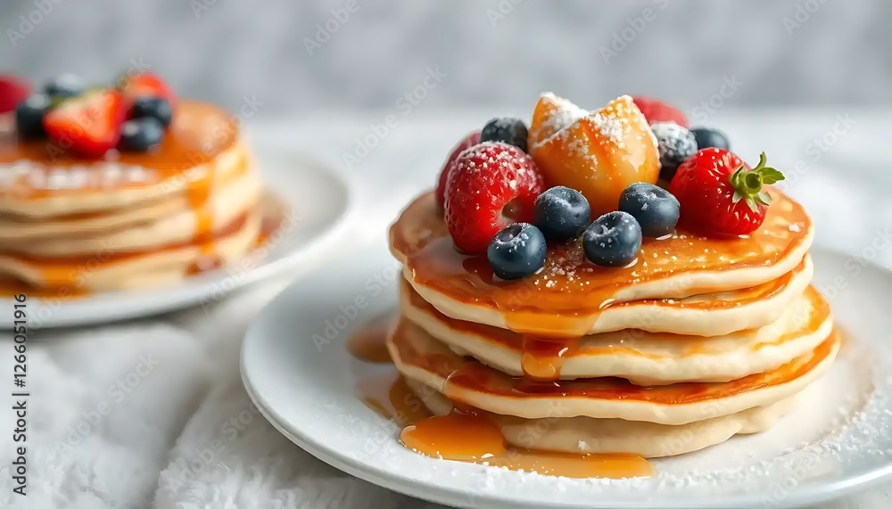 Stack of pancakes topped with fresh fruits and syrup Stack of pancakes topped with fresh fruits and syrup