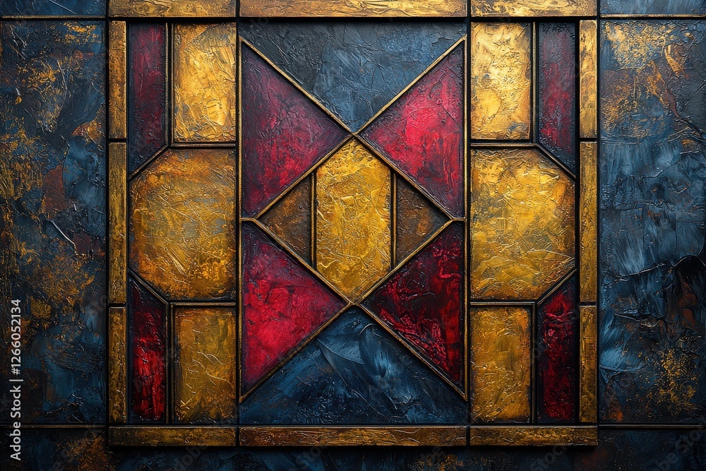 Abstract geometric artwork with gold, blue, and red symmetrical designs Abstract geometric artwork with gold, blue, and red symmetrical designs