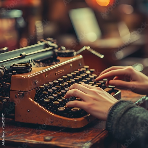 Creative writer typing on an old school typewriter in a vintage inspired office setting