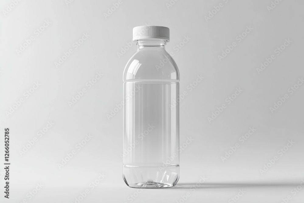 Clear plastic bottle stands upright against a soft, neutral background, highlighting its sleek design and potential for customized branding Clear plastic bottle stands upright against a soft, neutral background, highlighting its sleek design and potential for customized branding