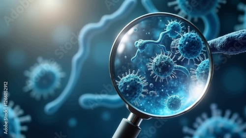 A close-up view of bacteria and viruses magnified through a lens, illustrating the microscopic world in a vibrant blue tone, ideal for scientific and medical content.