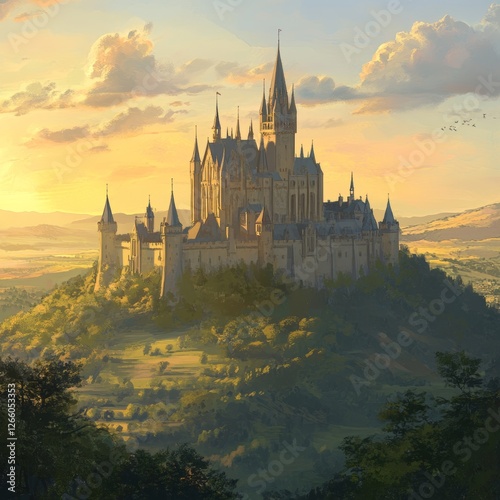 Wallpaper Mural Majestic castle towering over rolling hills at sunset with golden skies and distant birds in flight Torontodigital.ca