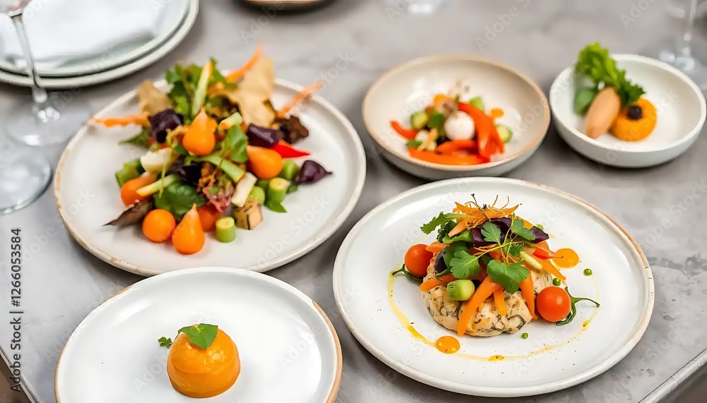 Several beautifully plated gourmet meals are arranged artfully together Several beautifully plated gourmet meals are arranged artfully together