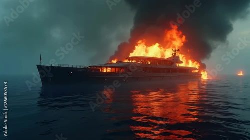A dramatic scene of a luxury yacht engulfed in flames, set against a moody ocean backdrop, evoking themes of disaster, urgency, and maritime danger.