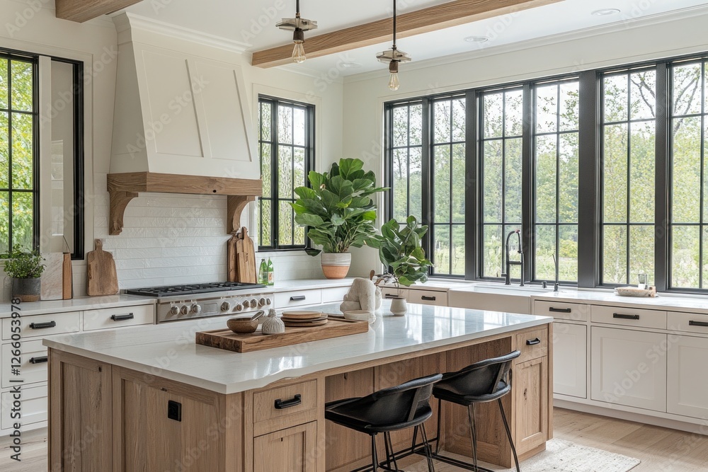 Fototapeta premium Bright and airy kitchen showcases white cabinets, light-colored walls, and expansive windows that invite views of the outdoors
