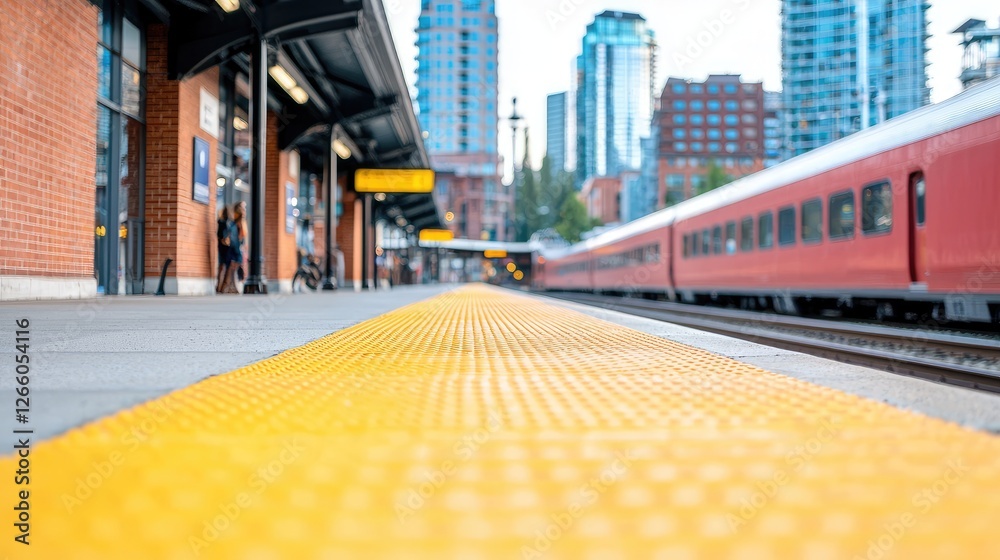 Obraz premium Train arriving at city station platform
