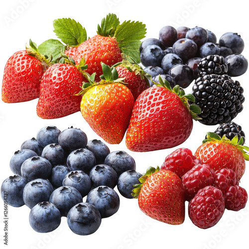 A bunch of fruit including apples blueberries strawberries isolated on transparent background.PNG photo