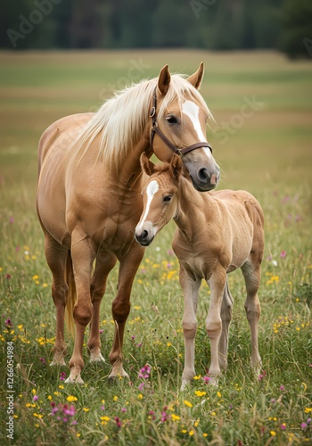 Adorable Baby Horse with Mother in Pasture – Heartwarming Bond Between Mare and Foal in Natural Setting