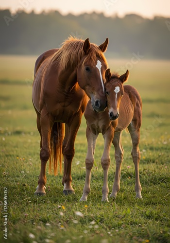 Adorable Baby Horse with Mother in Pasture – Heartwarming Bond Between Mare and Foal in Natural Setting