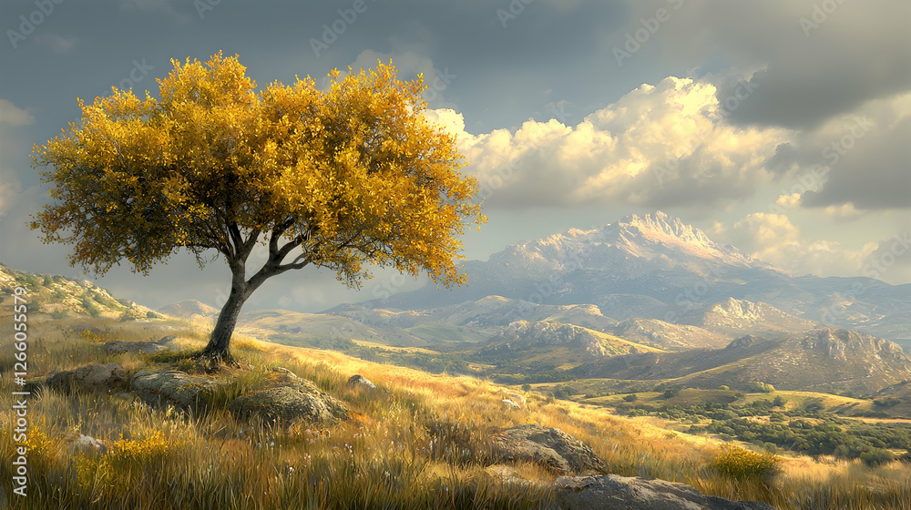 Fototapeta premium Golden autumn tree on hillside, mountain background, scenic landscape, nature wallpaper