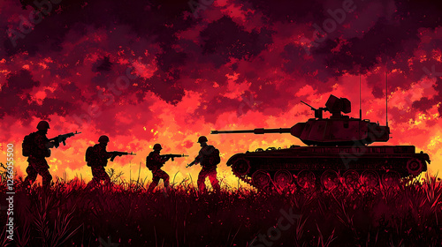 Soldiers and Tank at Sunset photo