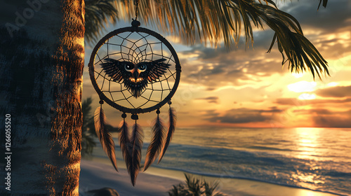Dream catcher hanging on seaside tree - coastal dreamland stock photo. Owl-Like Watchers. Illustration