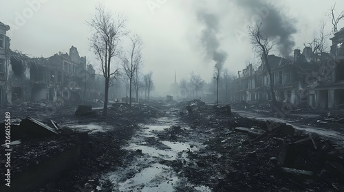 War-torn city street; destruction; overcast; ruins; possible use for historical or disaster imagery photo