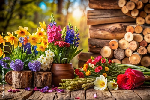 Wallpaper Mural Rustic Spring: Wooden Pile with Blooming Flowers - Nature Stock Photo Torontodigital.ca