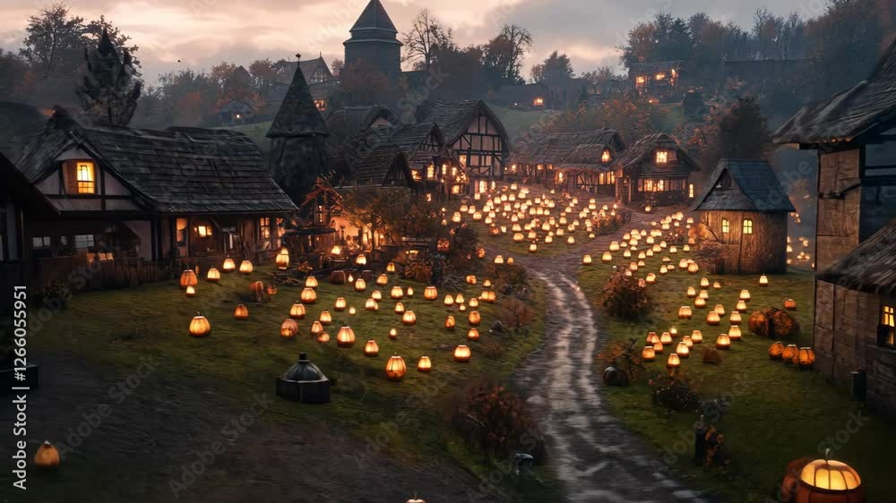 Festive autumn evening in a charming village adorned with glowing pumpkins and warm lights Festive autumn evening in a charming village adorned with glowing pumpkins and warm lights