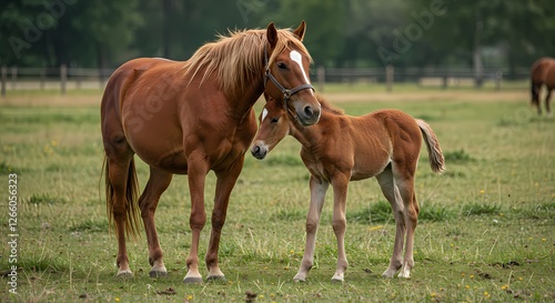 Adorable Baby Horse with Mother in Pasture – Heartwarming Bond Between Mare and Foal in Natural Setting