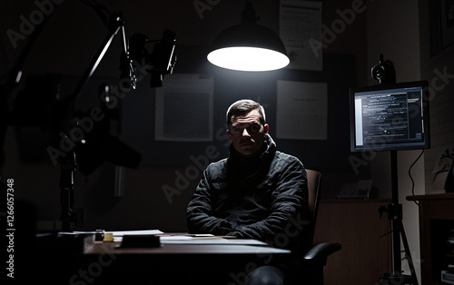 Cinematic Interrogation Room Scene with a Silhouette Under Overhead Light, Featuring Dark Lighting, Mystery, and a Suspenseful Atmosphere photo