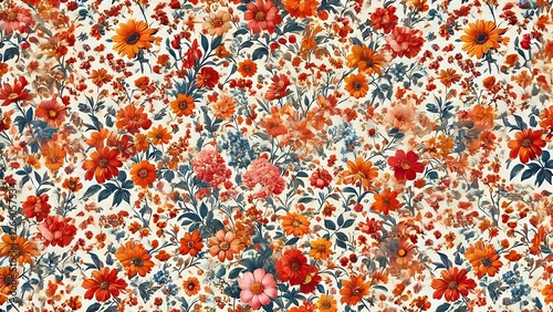 Ditsy Floral Pattern Featuring a Charming Spring Bouquet of Red, Orange, and Pink Flowers on a Crisp White Background for Timeless Botanical Elegance