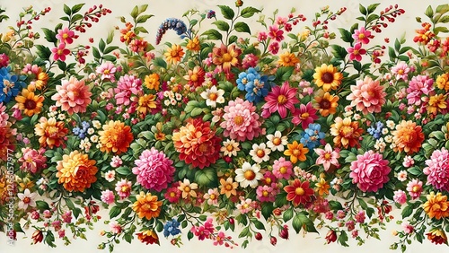 Floral Pattern Featuring a Charming Spring Bouquet of Red, Orange, and Pink Flowers on a Crisp White Background for Timeless Botanical Elegance