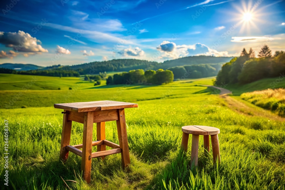 Rustic Wooden Stool, Chair, Table Set in Scenic Landscape Photography Rustic Wooden Stool, Chair, Table Set in Scenic Landscape Photography